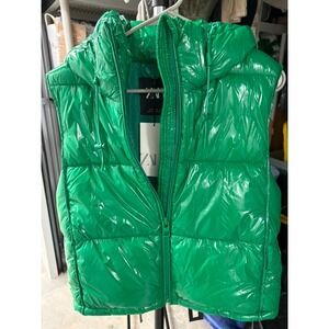 ZARA Green Shiny Puffer Vest Hooded Sleeveless Full Zip Women's Size S